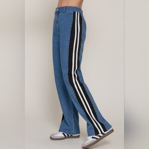 Sporty Stripe Denim Wide Leg Relaxed Fit High Waist Stretch Jeans
